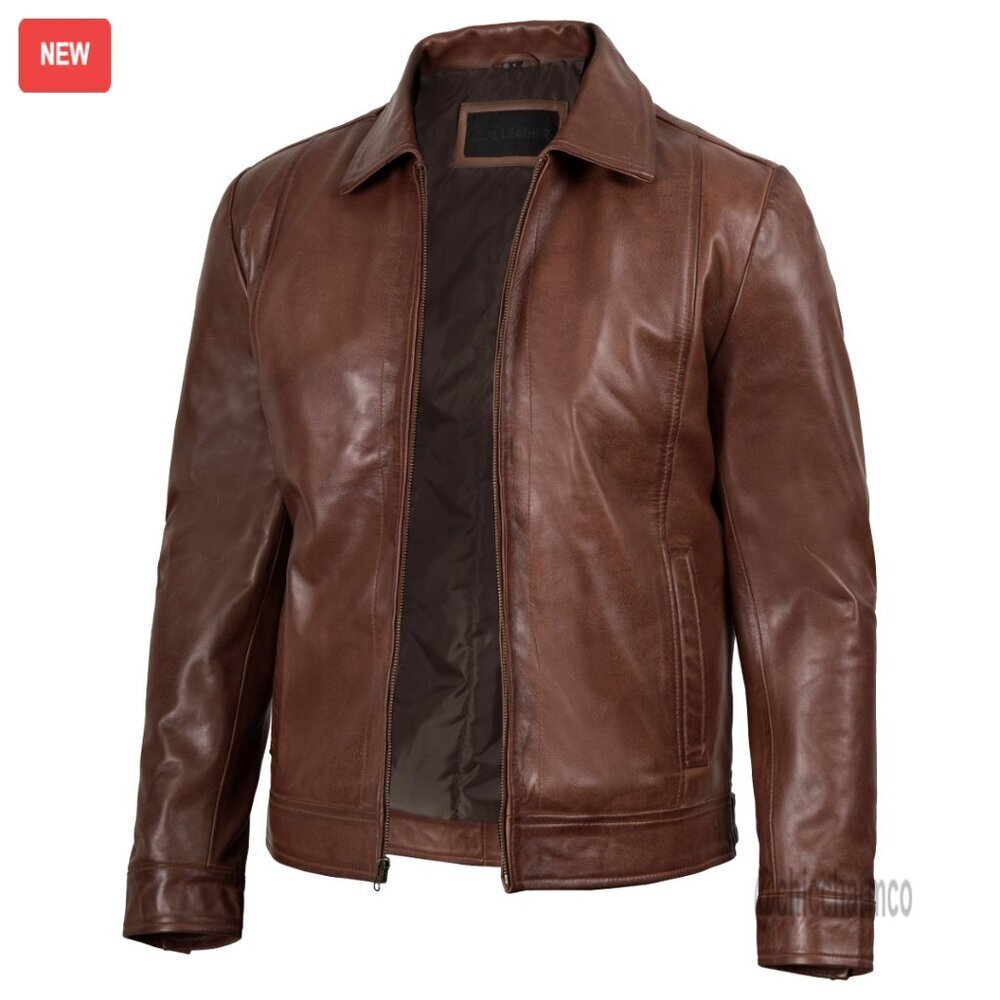 Lambskin Leather Moto Jacket Classic Shirt Collar Mens Outerwear Durable